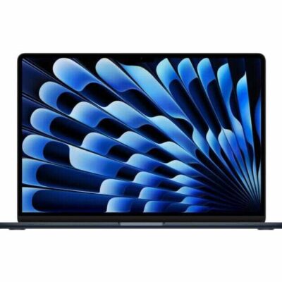2023 15-inch MacBook Air, open, thin bezel, FaceTime HD camera, raised feet, curved edges, Midnight  