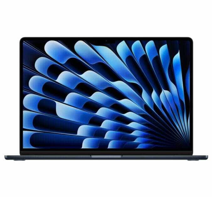 2023 15-inch MacBook Air, open, thin bezel, FaceTime HD camera, raised feet, curved edges, Midnight  