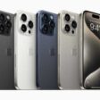 iPhone 15 Pro in black titanium, white titanium, blue titanium, and natural titanium finishes.