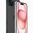 iPhone 15 Plus in black is shown from the back next to iPhone 15 in pink, which is shown from the front.