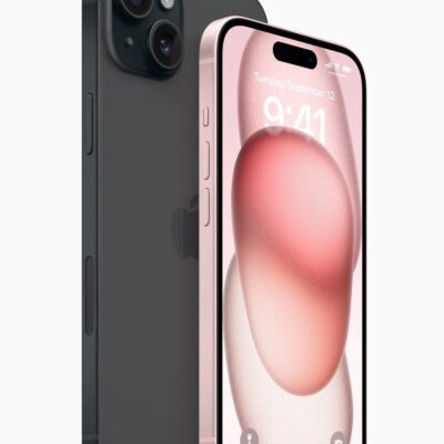 iPhone 15 Plus in black is shown from the back next to iPhone 15 in pink, which is shown from the front.