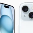 iPhone 15 in blue is shown from the front and back.