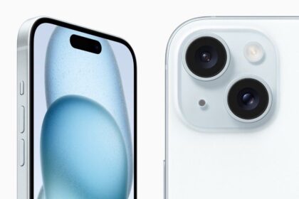iPhone 15 in blue is shown from the front and back.