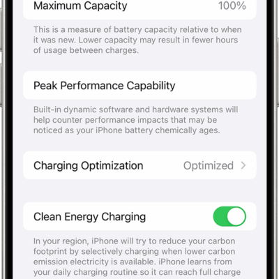 Screenshot of Battery Health & Charging settings