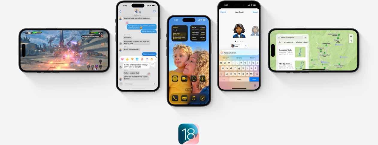 Multiple iPhone devices shown with new iOS 18 features.  