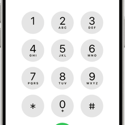 The keypad in the Phone app, displaying numbers 1 through 9. Below the keypad is a green Call button. At the bottom are buttons for Favorites, Recents, Contacts, Keypad (selected), and Voicemail.