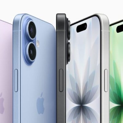 Multiple iPhone 17 devices shown upright and featuring the full color lineup: lavender, mist blue, sage, white, and black.