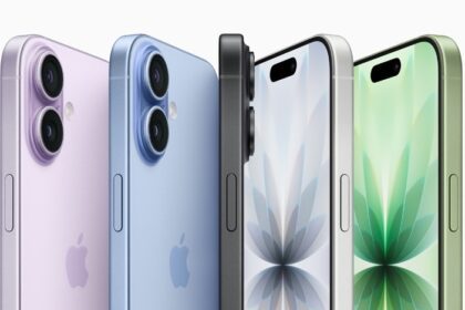 Multiple iPhone 17 devices shown upright and featuring the full color lineup: lavender, mist blue, sage, white, and black.