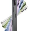 iPhone 17 in black color spinning showcasing the front exterior with more iPhone 17 devices fanning out in different colors - black, lavender, mist blue, sage, white forming a fan shape