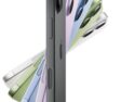 iPhone 17 in black color spinning showcasing the front exterior with more iPhone 17 devices fanning out in different colors - black, lavender, mist blue, sage, white forming a fan shape