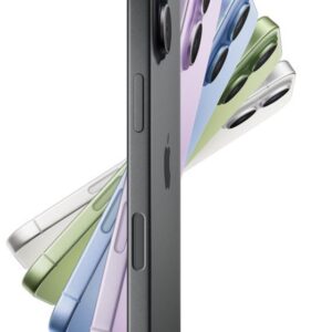 iPhone 17 in black color spinning showcasing the front exterior with more iPhone 17 devices fanning out in different colors - black, lavender, mist blue, sage, white forming a fan shape