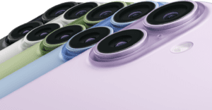 Five iPhone 17 devices, rear exterior, top left corner, Fusion cameras, colors: black, white, sage, mist blue, lavender  