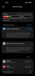 Screenshot of iPhone Storage page in iPhone Settings