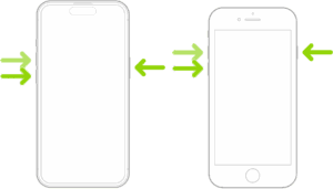 An illustration of two iPhone models, one with a Home button and one without, with the screens facing up. The volume buttons for each model are on the left side of iPhone, and the side button is on the right.