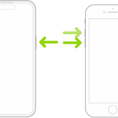 An illustration of two iPhone models, one with a Home button and one without, with the screens facing up. The volume buttons for each model are on the left side of iPhone, and the side button is on the right.