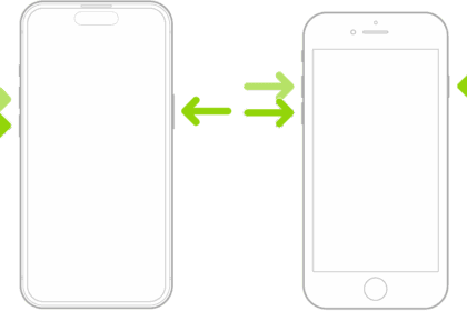 An illustration of two iPhone models, one with a Home button and one without, with the screens facing up. The volume buttons for each model are on the left side of iPhone, and the side button is on the right.