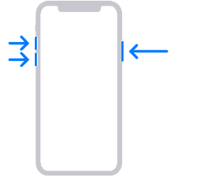 Animation showing the sequence of pressing the volume up, volume down, and then the side button on an iPhone to enter recovery mode.