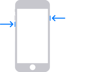 iPhone with arrows indicating the volume down and thwntop and side buttons, which are used to enter recovery mode.