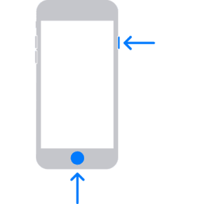 Image showing how to put an iPhone into recovery mode by pressing the Home button and the top (or side) button, indicated by arrows.