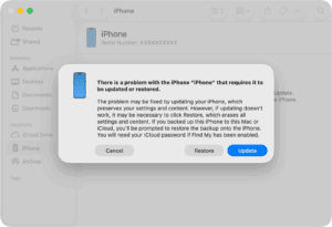 Restore and update information in the Finder after connecting an iPhone in Recovery mode.