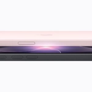 Two iPhone 17e devices, one in black and the other in soft pink, are stacked on top of each other.