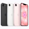 Four iPhone 17e devices — one in black, one in white, and two in soft pink — are shown.