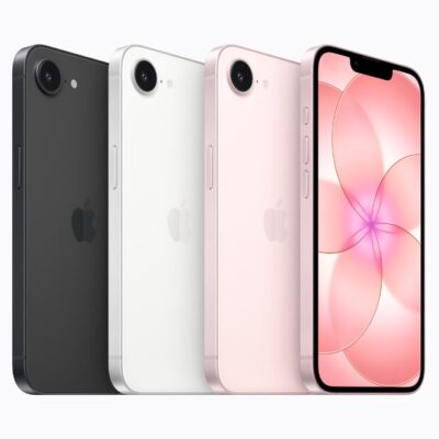 Four iPhone 17e devices — one in black, one in white, and two in soft pink — are shown.