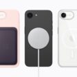 A pink iPhone 17e with a midnight purple FineWoven Wallet with MagSafe, a black iPhone 17e with MagSafe Charger, and a white iPhone 17e with Clear Case with MagSafe are shown.