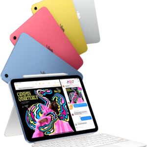 iPad in blue, pink, yellow, and silver colors and one iPad attached to the Magic Keyboard Folio.