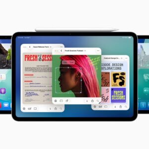 Three iPad devices show new features available in iPadOS 26. An Apple Pencil sits on the top of the middle device.