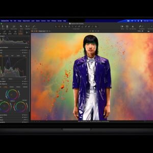 The new MacBook Pro is shown open with a Capture One editing screen.