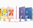 The new iMac is shown in green, yellow, orange, ink, purple, blue, and silver.