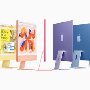 The new iMac is shown in green, yellow, orange, ink, purple, blue, and silver.