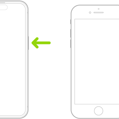 A green arrow pointing to the button on the right side of iPhone.