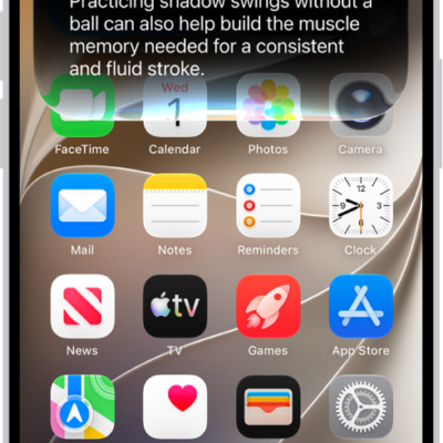 An iPhone showing Siri answering a request about how to improve a tennis backhand.