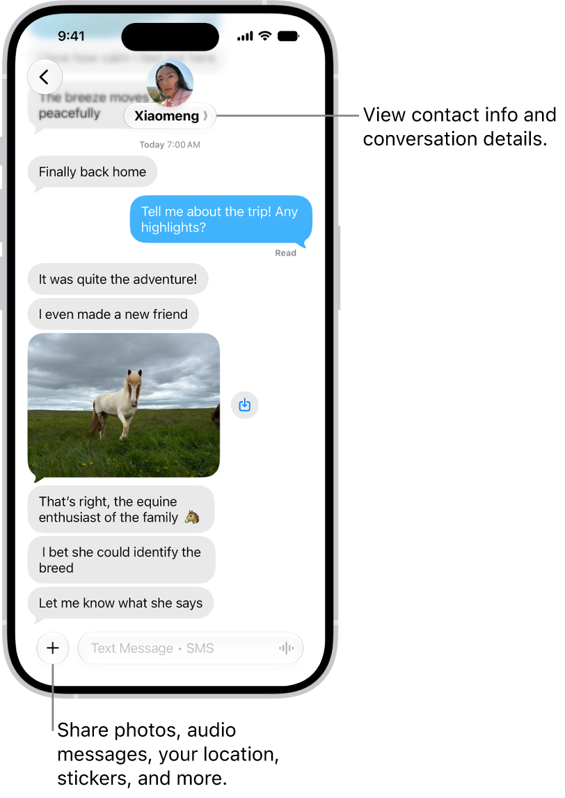 A Messages conversation. The name of the person you're sending messages to is at the top of the screen. You can tap their name to see conversation details. The Add button is in the bottom-left corner.