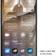A customized Home Screen clear icons tinted blue and arranged to frame the photo, and controls at the bottom of the screen for customizing icons. Options include Automatic, Dark, Light, and Tinted buttons, options for choosing color and saturation, and Small and Large buttons for setting the icons' size.