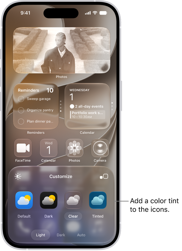 A customized Home Screen clear icons tinted blue and arranged to frame the photo, and controls at the bottom of the screen for customizing icons. Options include Automatic, Dark, Light, and Tinted buttons, options for choosing color and saturation, and Small and Large buttons for setting the icons' size.