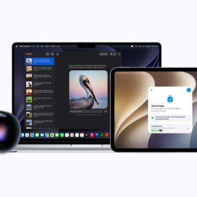 Apple Vision Pro, MacBook, iPad, iPhone, Apple Watch, and Apple TV are pictured.