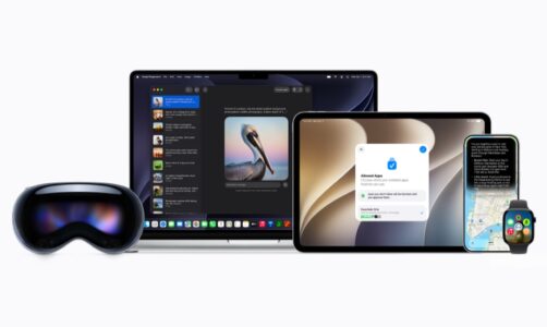 Apple Vision Pro, MacBook, iPad, iPhone, Apple Watch, and Apple TV are pictured.