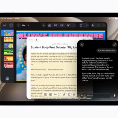 On iPad, a user taps into Siri AI to get suggestions for improving their writing.