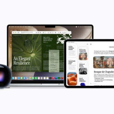 A collection of Apple products, including Apple Vision Pro, MacBook, iPad, iPhone 17 Pro, and Apple Watch, all displaying various Siri AI interfaces.