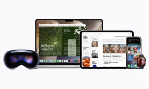 A collection of Apple products, including Apple Vision Pro, MacBook, iPad, iPhone 17 Pro, and Apple Watch, all displaying various Siri AI interfaces.