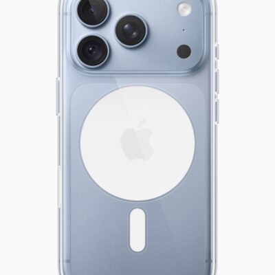 iPhone 18 Pro in glacier is paired with the Clear Case.