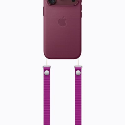 A burgundy iPhone 18 Pro with coordinating case is paired with a magenta Crossbody Strap.