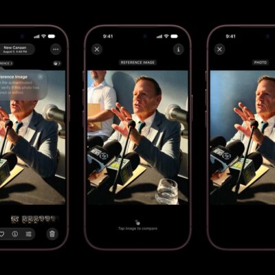 Three iPhone 18 Pro devices display Apple Reference Image comparing an original photograph with an edited version.