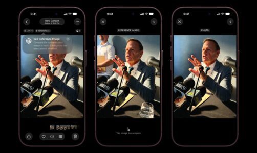 Three iPhone 18 Pro devices display Apple Reference Image comparing an original photograph with an edited version.