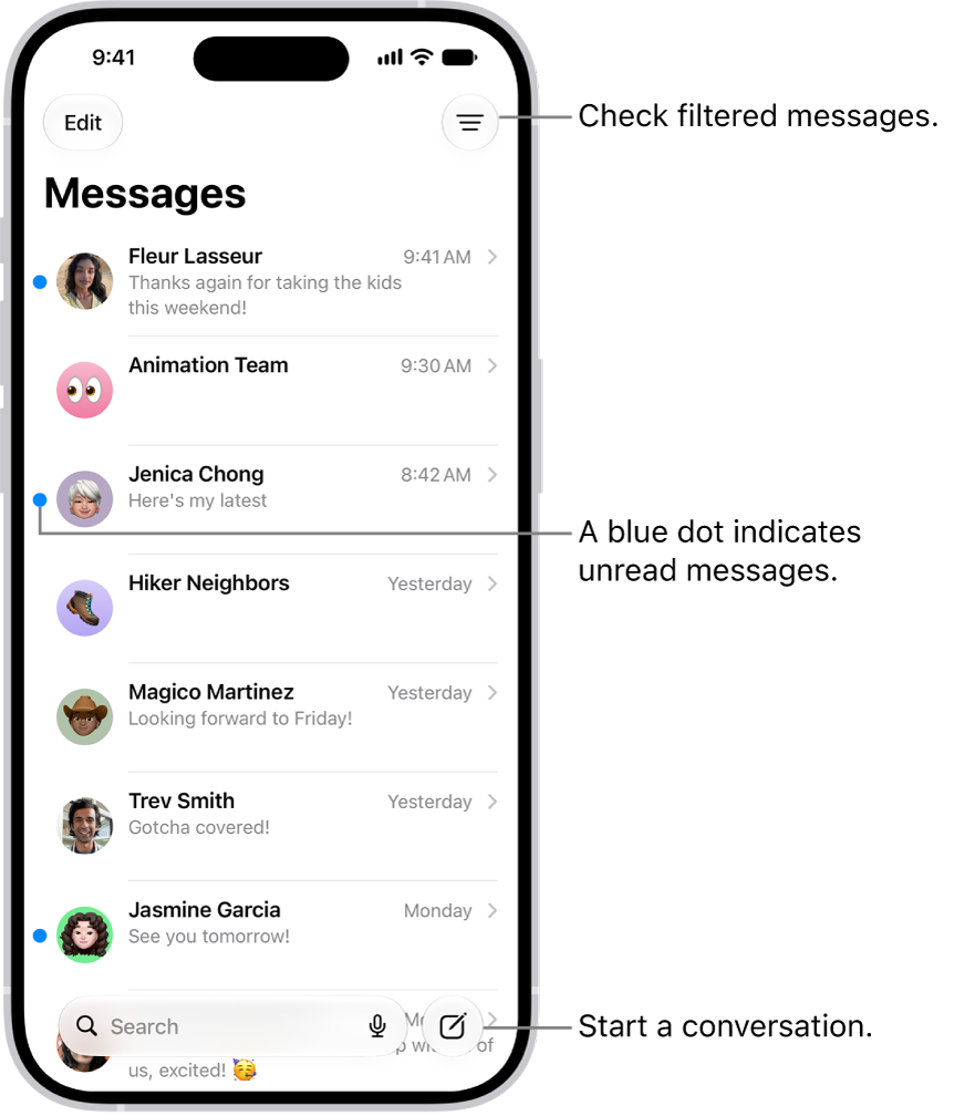 The Messages conversation list, with the Compose button at the bottom right. A blue dot to the left of a message indicates it's unread.