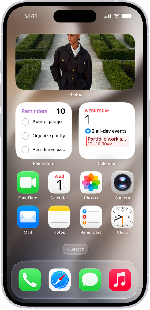 Weather, Reminders, and Home widgets on the iPhone 18 Pro Home Screen. The Reminders and Home widgets display interactive features.