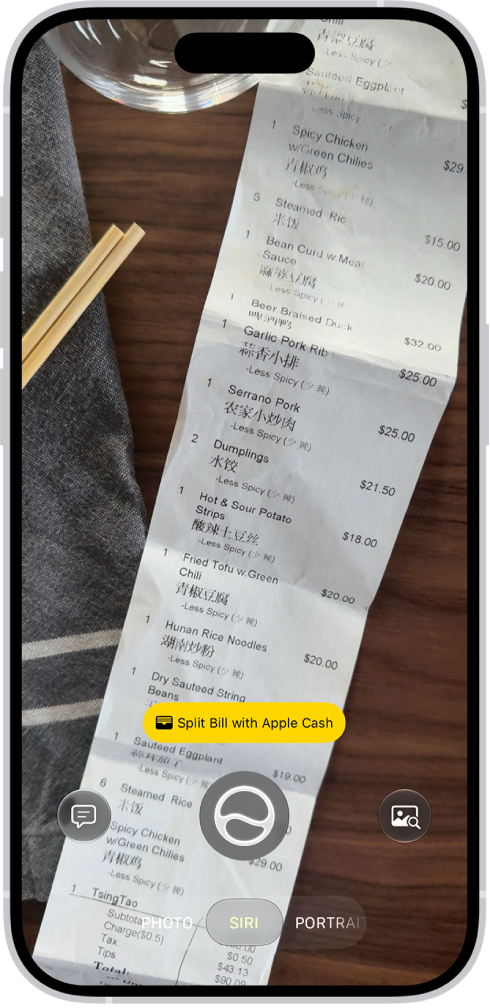 An iPhone with Siri mode in Camera showing a suggestion to split the bill with Apple Cash.